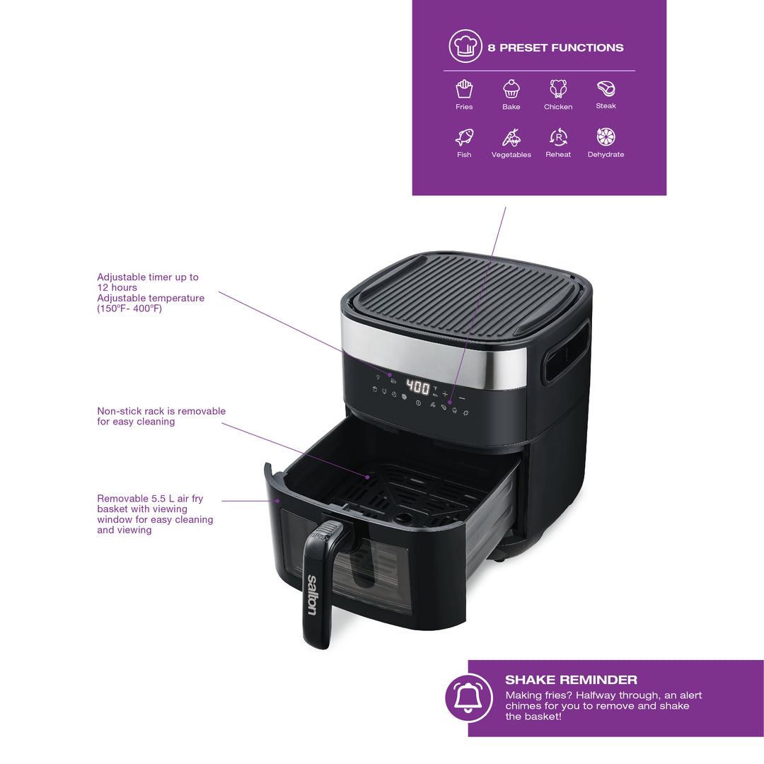 Salton Flip and Cook Friteuse à air, grill et déshydrateur 3 en 1 5,5 L - Fenêtre de visualisation