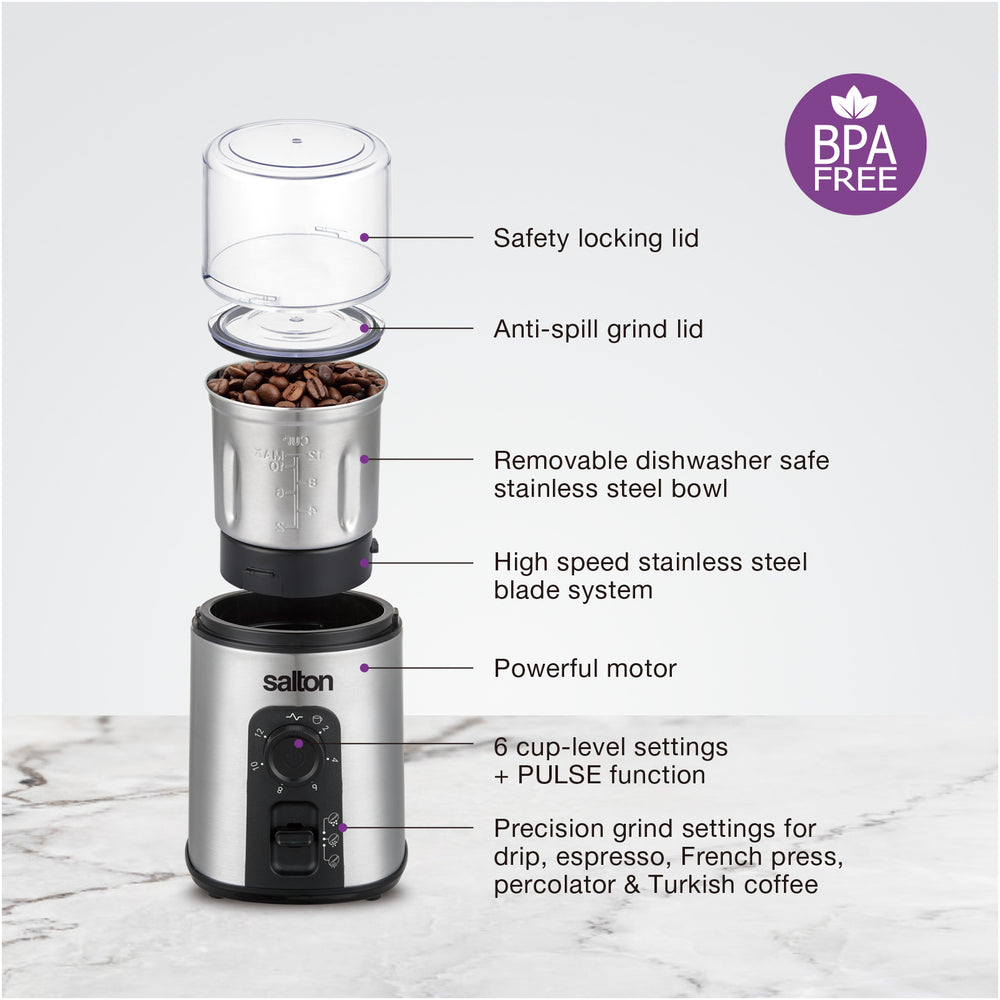 Moulin à café intelligent en acier inoxydable Salton