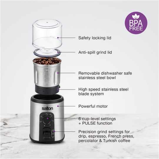 Moulin à café intelligent en acier inoxydable Salton