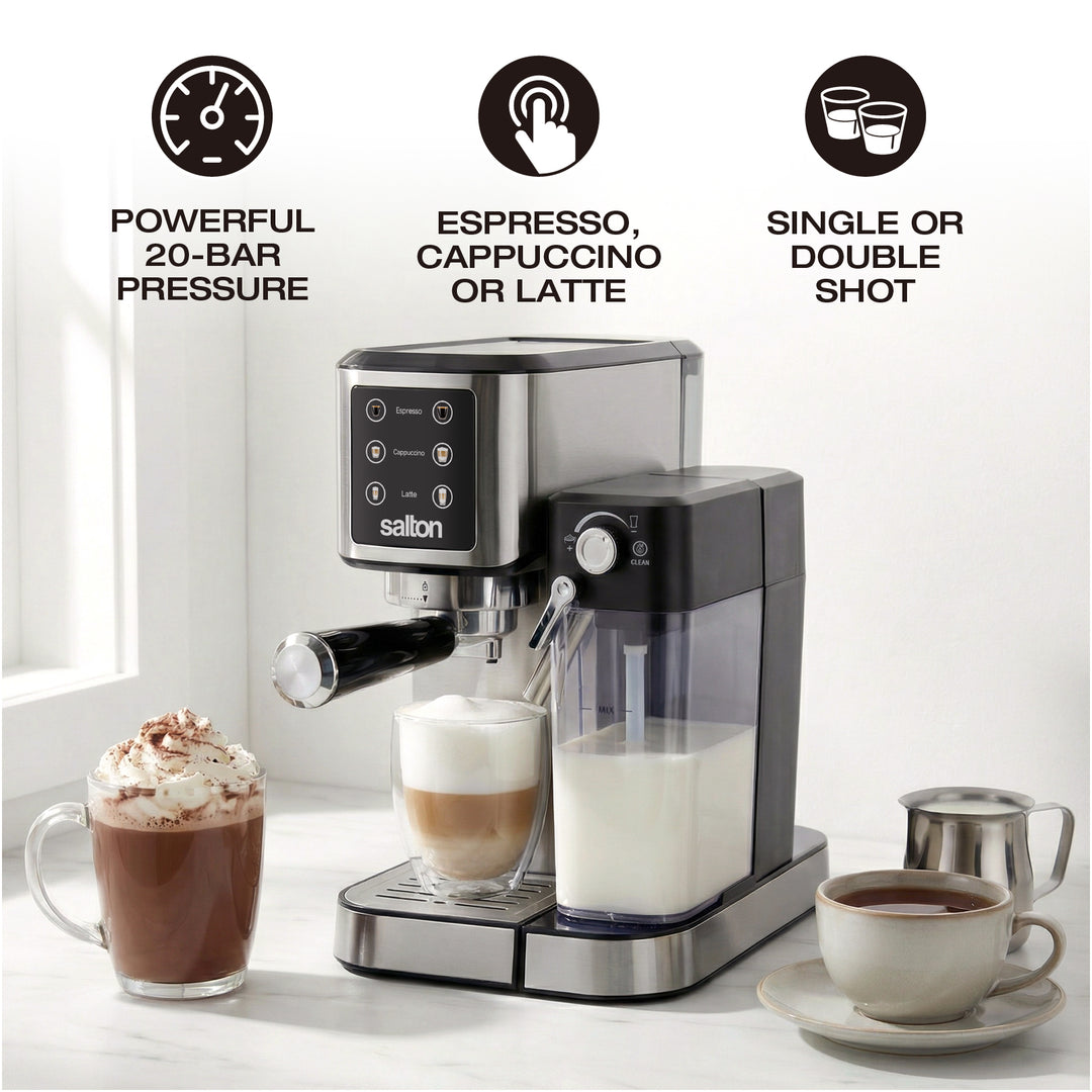 Salton Barista+ 3-in-1 Espresso, Cappuccino & Latte Machine with Milk Removable Container
