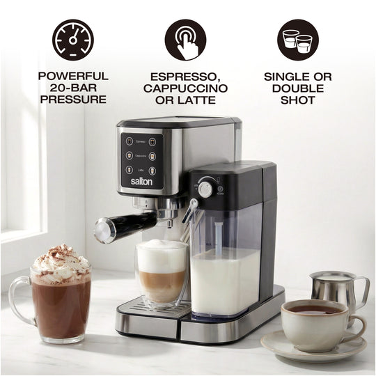 Salton Barista+ 3-in-1 Espresso, Cappuccino & Latte Machine with Milk Removable Container