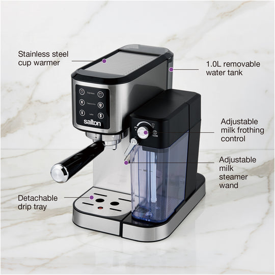 Salton Barista+ 3-in-1 Espresso, Cappuccino & Latte Machine with Milk Removable Container