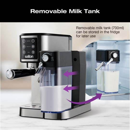Salton Barista+ 3-in-1 Espresso, Cappuccino & Latte Machine with Milk Removable Container