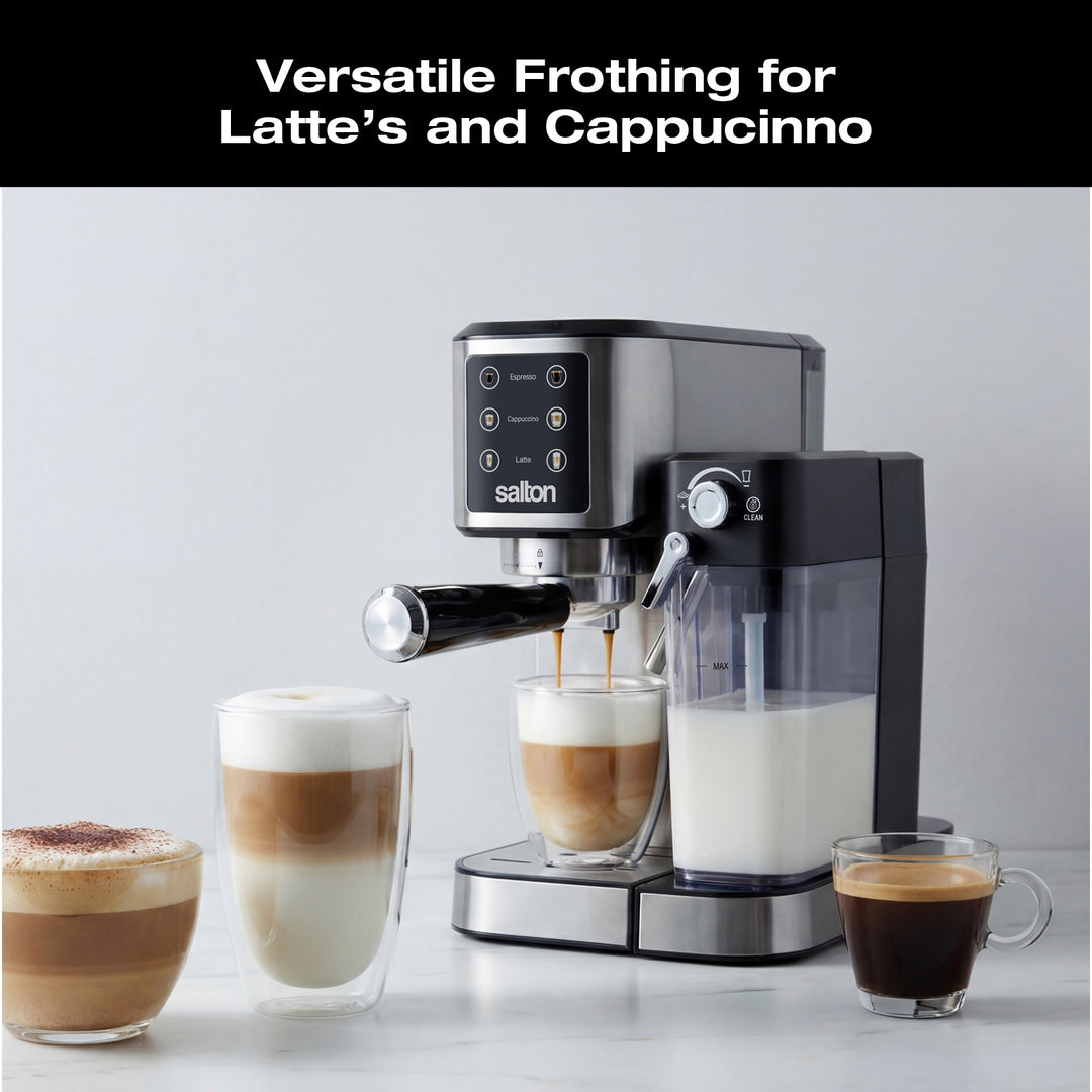 Salton Barista+ 3-in-1 Espresso, Cappuccino & Latte Machine with Milk Removable Container