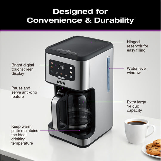 Cafetière numérique Salton en acier inoxydable – 14 tasses